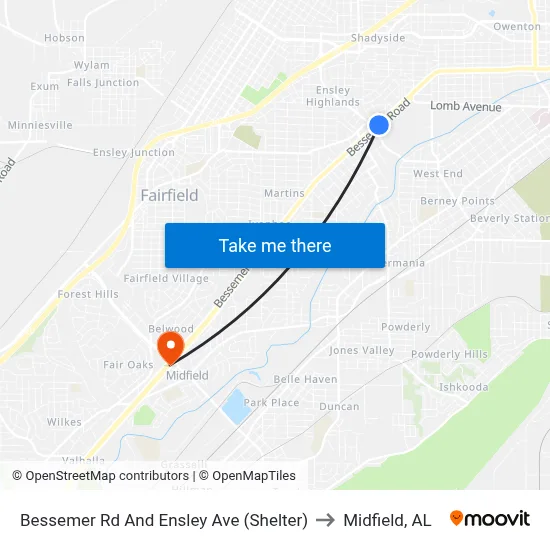 Bessemer Rd And Ensley Ave (Shelter) to Midfield, AL map