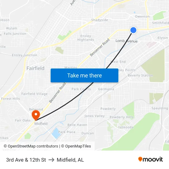 3rd Ave & 12th St to Midfield, AL map