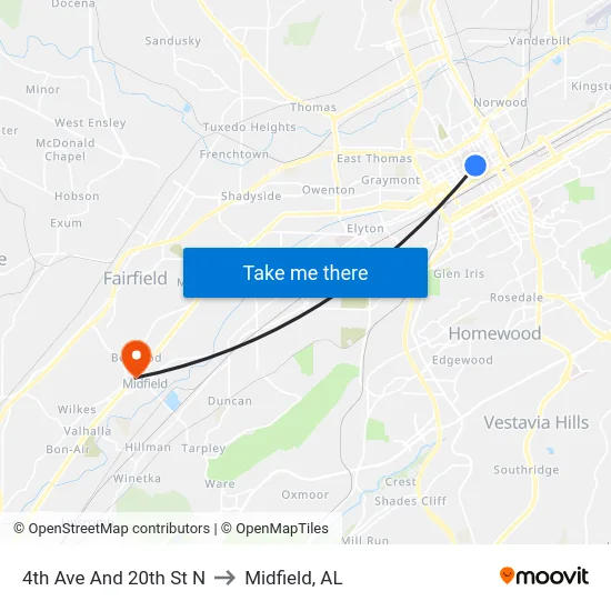 4th Ave And 20th St N to Midfield, AL map