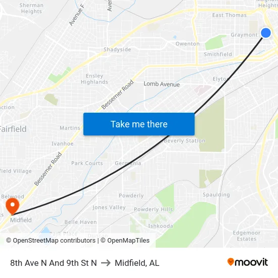 8th Ave N And 9th St N to Midfield, AL map