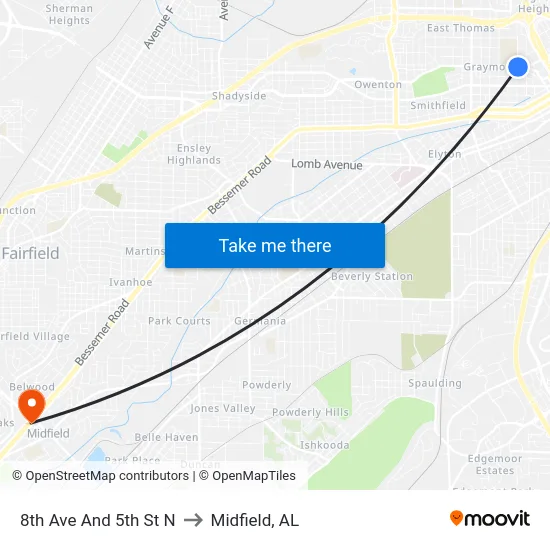 8th Ave And 5th St N to Midfield, AL map