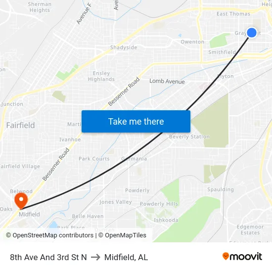 8th Ave And 3rd St N to Midfield, AL map
