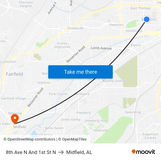 8th Ave N And 1st St N to Midfield, AL map
