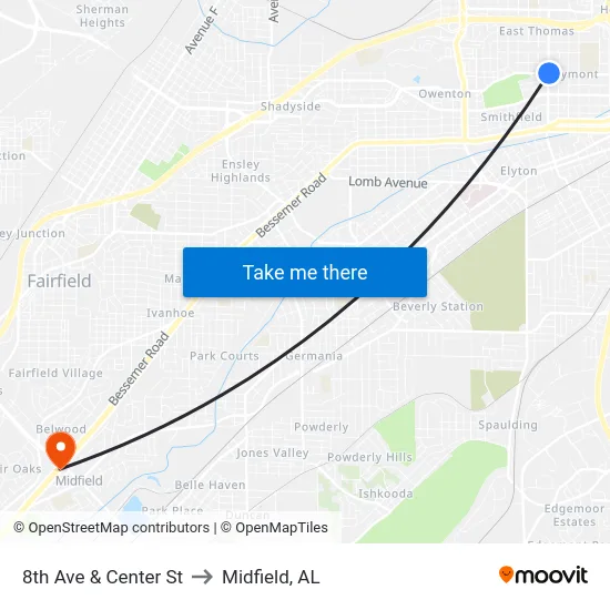 8th Ave & Center St to Midfield, AL map