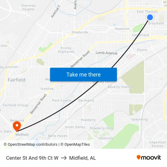 Center St And 9th Ct W to Midfield, AL map