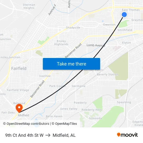 9th Ct And 4th St W to Midfield, AL map