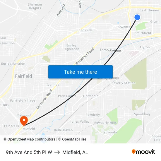 9th Ave And 5th Pl W to Midfield, AL map