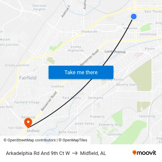 Arkadelphia Rd And 9th Ct W to Midfield, AL map