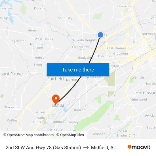 2nd St W And Hwy 78 (Gas Station) to Midfield, AL map