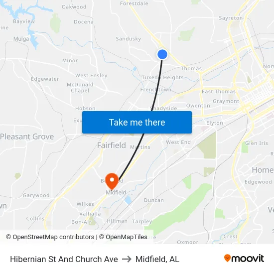 Hibernian St And Church Ave to Midfield, AL map