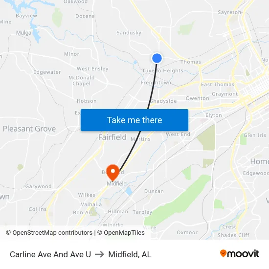 Carline Ave And Ave U to Midfield, AL map