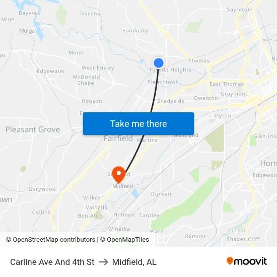 Carline Ave And 4th St to Midfield, AL map