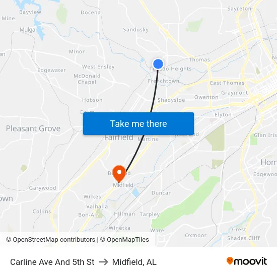 Carline Ave And 5th St to Midfield, AL map