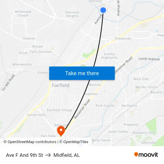 Ave F And 9th St to Midfield, AL map
