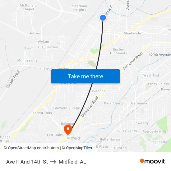 Ave F And 14th St to Midfield, AL map
