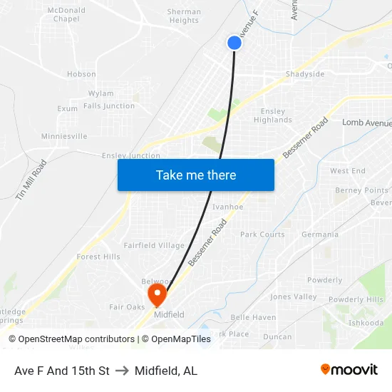 Ave F And 15th St to Midfield, AL map