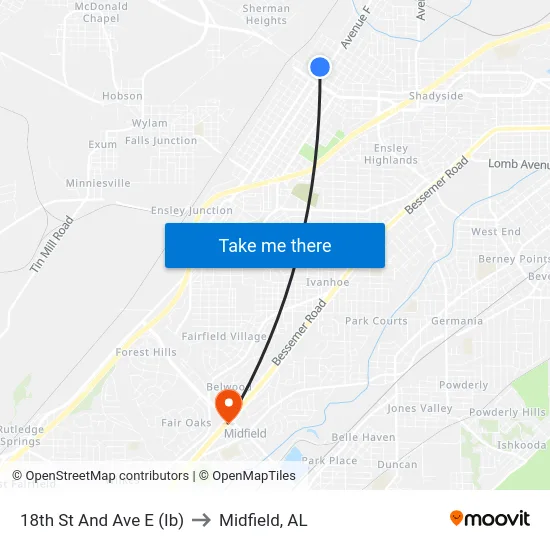 18th St And Ave E (Ib) to Midfield, AL map