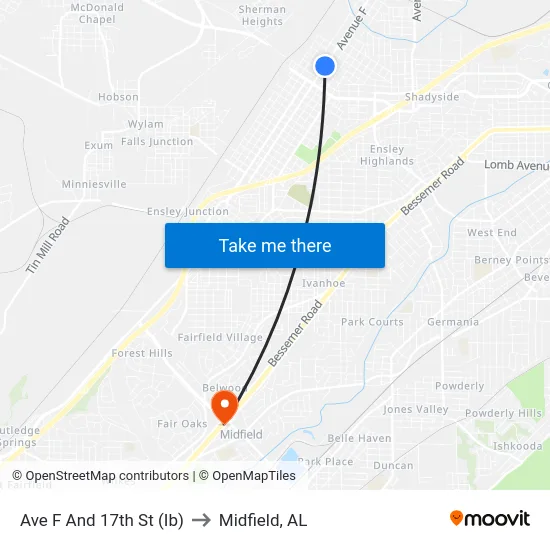 Ave F And 17th St (Ib) to Midfield, AL map