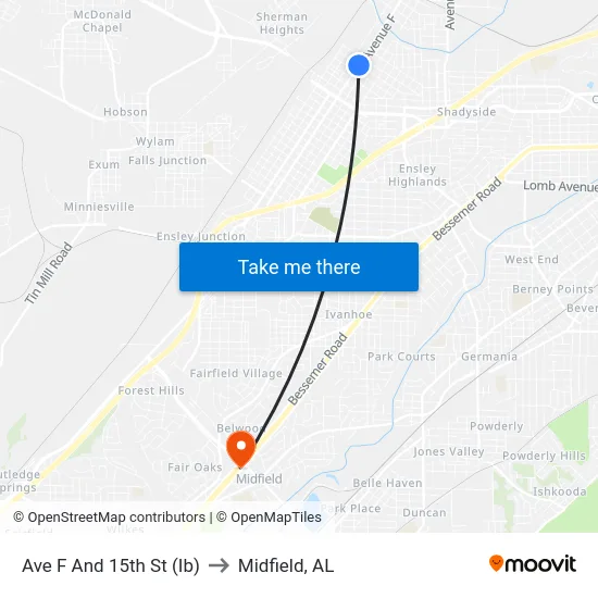 Ave F And 15th St (Ib) to Midfield, AL map