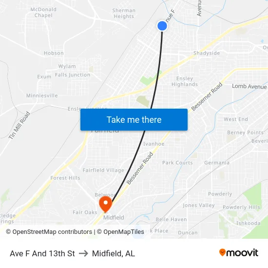 Ave F And 13th St to Midfield, AL map