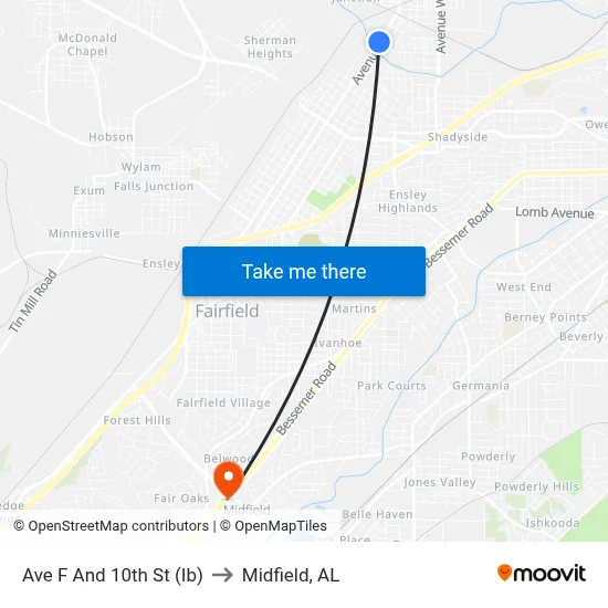 Ave F And 10th St (Ib) to Midfield, AL map