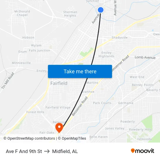 Ave F And 9th St to Midfield, AL map