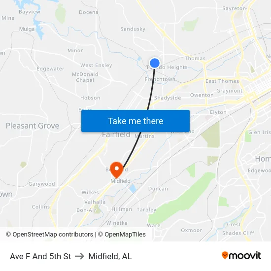 Ave F And 5th St to Midfield, AL map