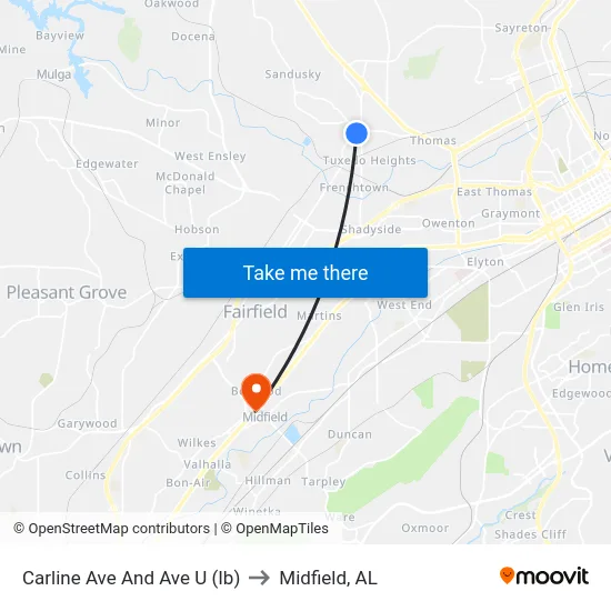 Carline Ave And Ave U (Ib) to Midfield, AL map