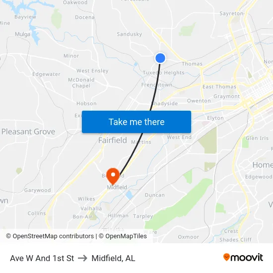 Ave W And 1st St to Midfield, AL map