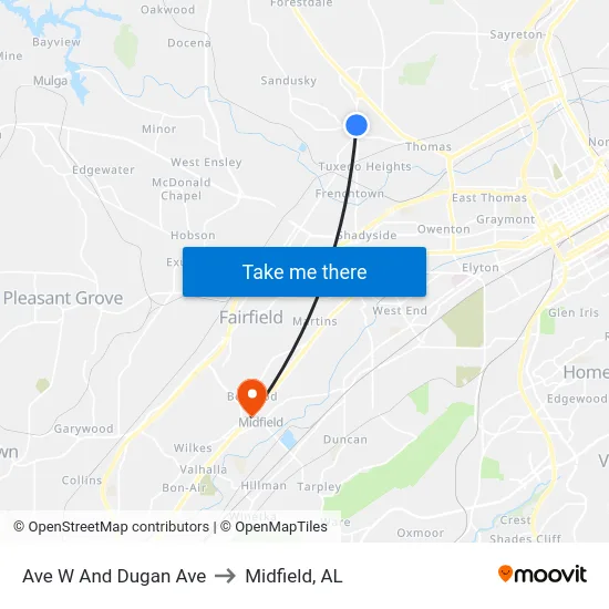 Ave W And Dugan Ave to Midfield, AL map