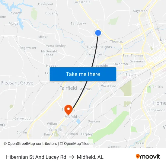 Hibernian St And Lacey Rd to Midfield, AL map