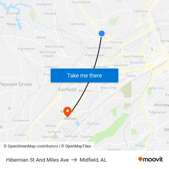 Hibernian St And Miles Ave to Midfield, AL map