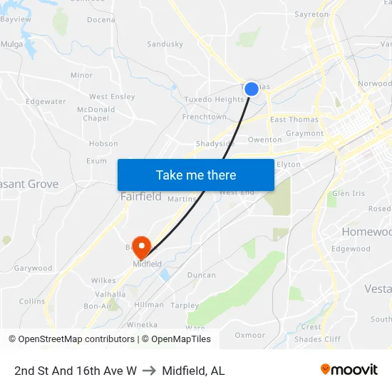 2nd St And 16th Ave W to Midfield, AL map