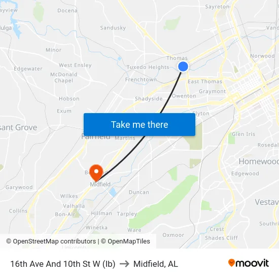 16th Ave And 10th St W (Ib) to Midfield, AL map