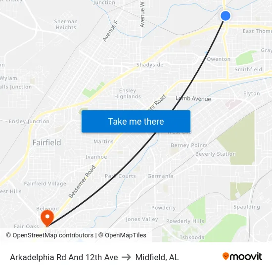 Arkadelphia Rd And 12th Ave to Midfield, AL map