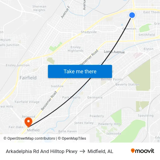 Arkadelphia Rd And Hilltop Pkwy to Midfield, AL map