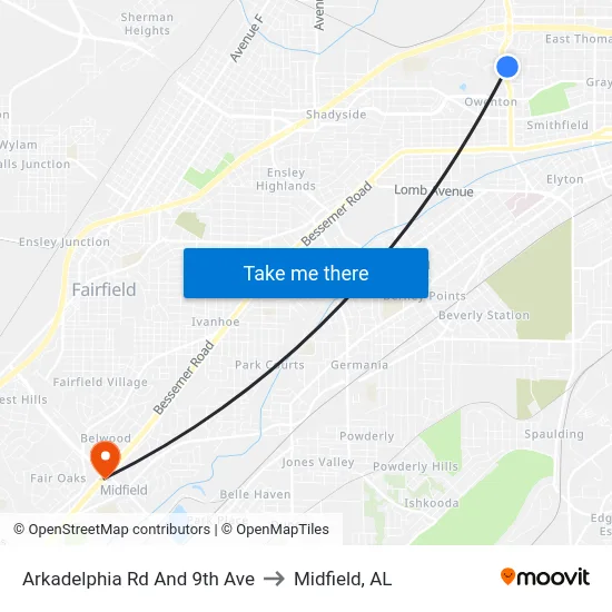 Arkadelphia Rd And 9th Ave to Midfield, AL map