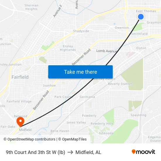 9th Court And 3th St W (Ib) to Midfield, AL map