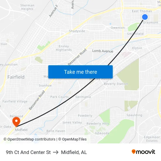 9th Ct And Center St to Midfield, AL map