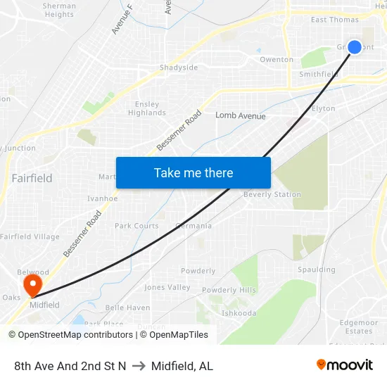 8th Ave And 2nd St N to Midfield, AL map
