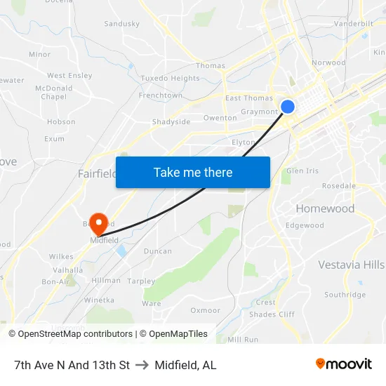 7th Ave N And 13th St to Midfield, AL map