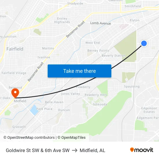Goldwire St SW & 6th Ave SW to Midfield, AL map