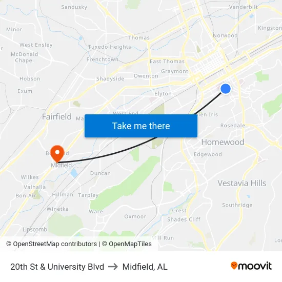 20th St & University Blvd to Midfield, AL map