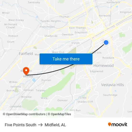 Five Points South to Midfield, AL map