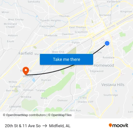 20th St & 11 Ave So to Midfield, AL map