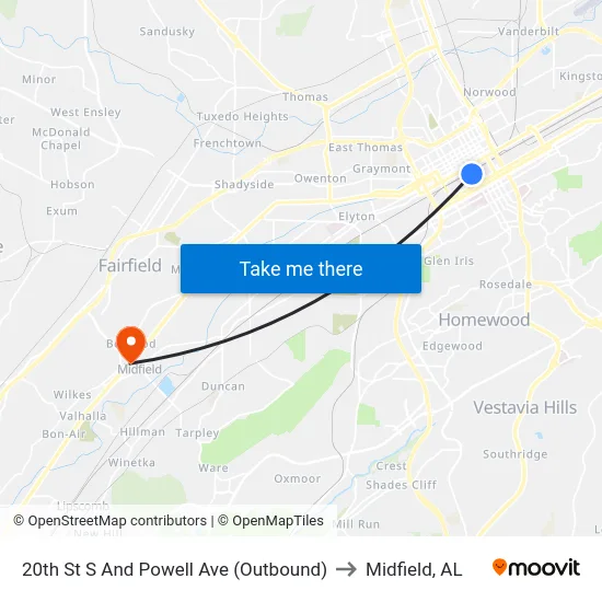 20th St S And Powell Ave (Outbound) to Midfield, AL map