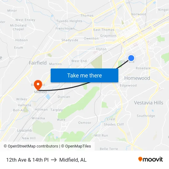 12th Ave & 14th Pl to Midfield, AL map