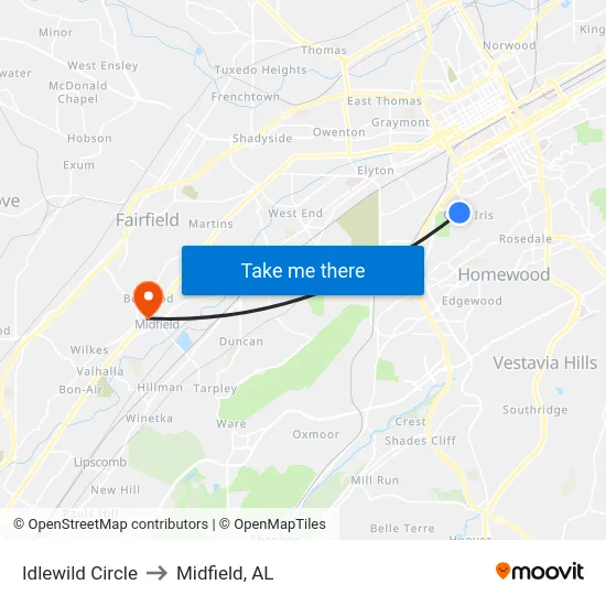 Idlewild Circle to Midfield, AL map