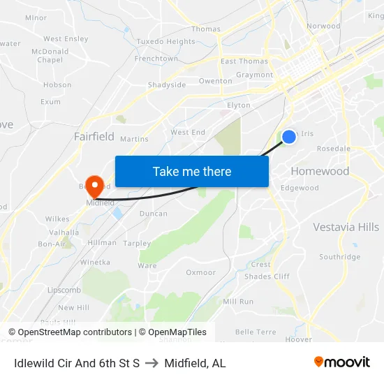 Idlewild Cir And 6th St S to Midfield, AL map
