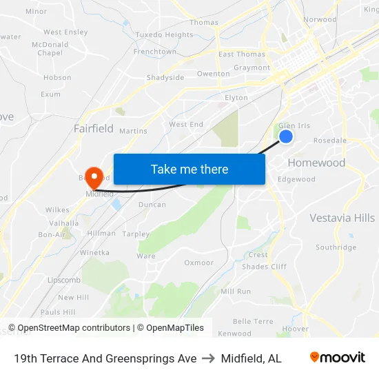 19th Terrace And Greensprings Ave to Midfield, AL map